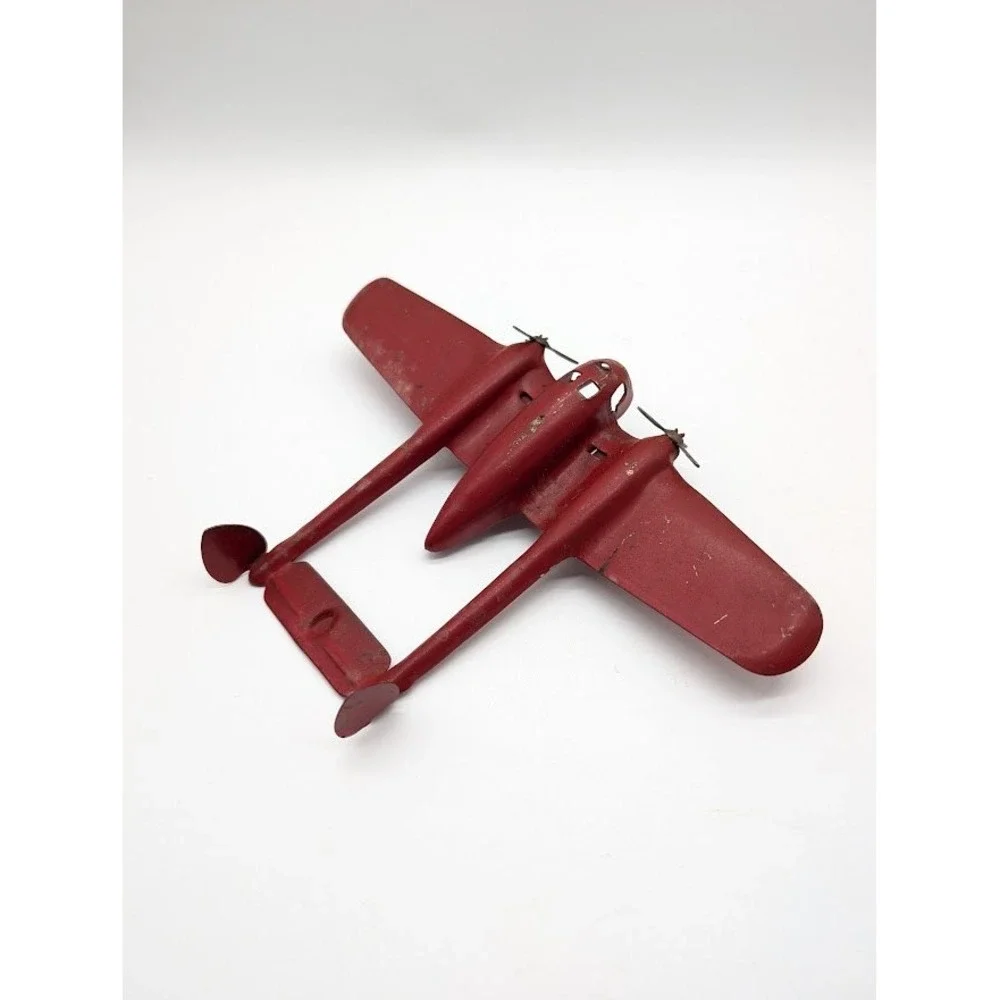Vintage 30s Wyandotte Crusader P-38 Fighter Plane Pressed Steel Toy Military Red